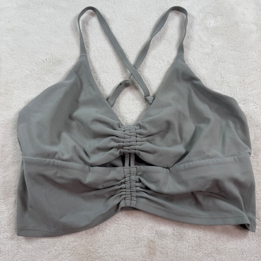 Athleta Womens Cinch Grey‎ Ruched Front Cutout Crop Top Yoga Bra Tank Medium
